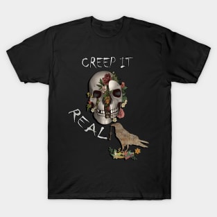 Halloween Funny Quote, Creep It Real Graphic Art Design Raven & Skull T-Shirt